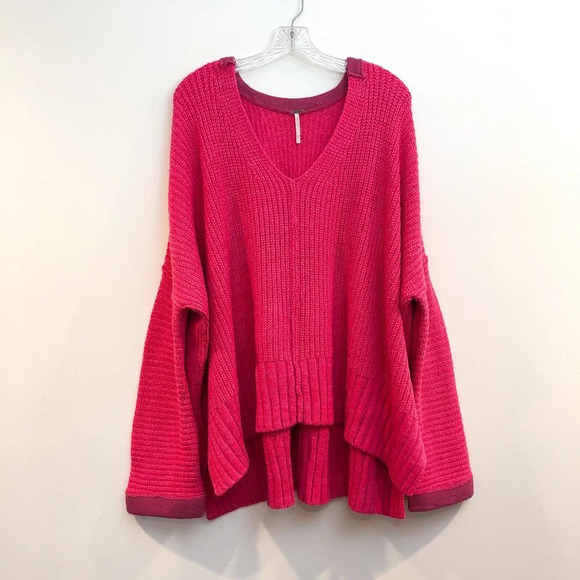 Free People Colorful Fun Pink Oversized Knit V Neck Wide Sleeve Pullover Sweater - Picture 3 of 10